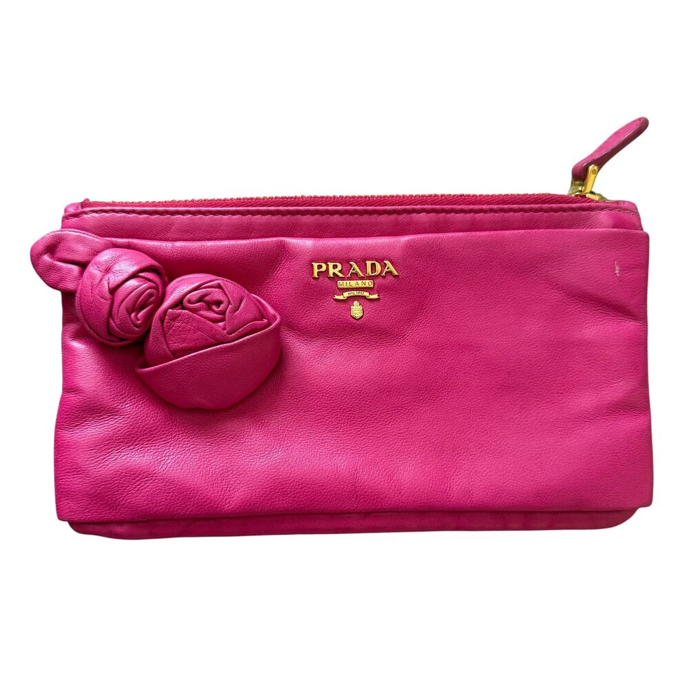 Prada pink leather rose appliqué clutch bag authentic with COA